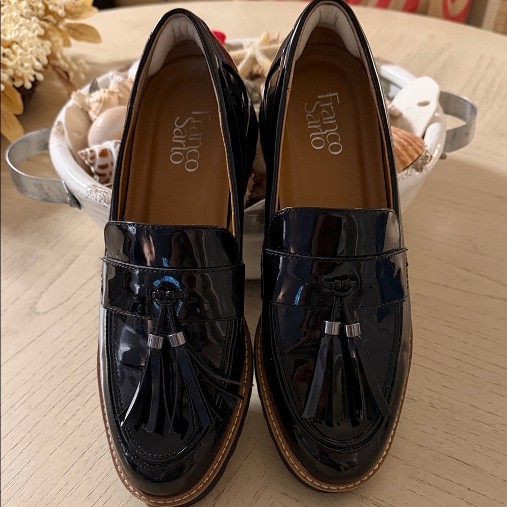 Franco Sarto Black Patent Tassel Penny Loafers